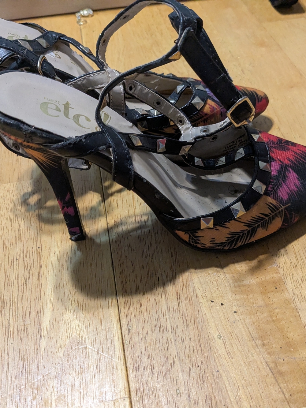 TC Palm-Print Studded Ankle-Strap Heels in Pink/Orange